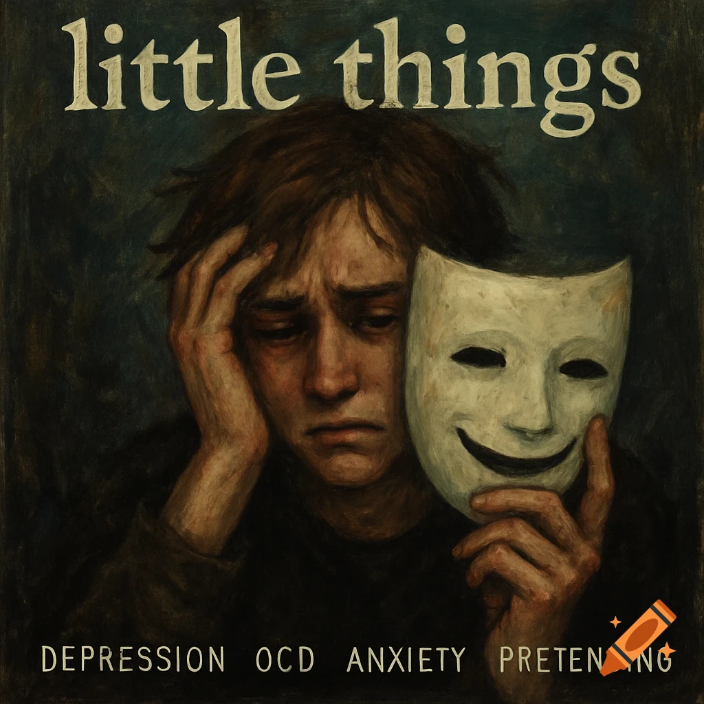 Painting of a sad person holding a smiling mask, with text 'little things DEPRESSION OCD ANXIETY PRETENDING'.