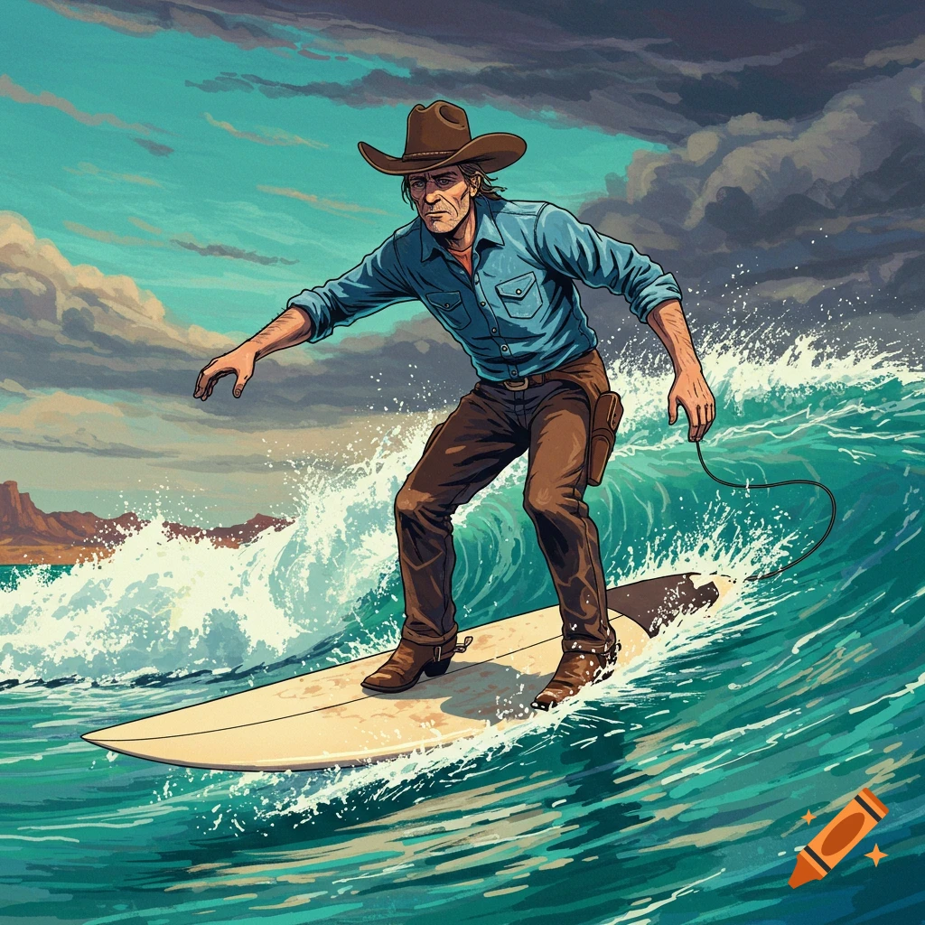 A cowboy in a hat and boots surfs on a large wave.