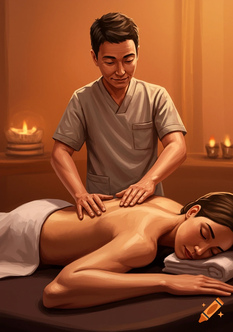 Illustration of a masseuse giving a back massage to a person on a table