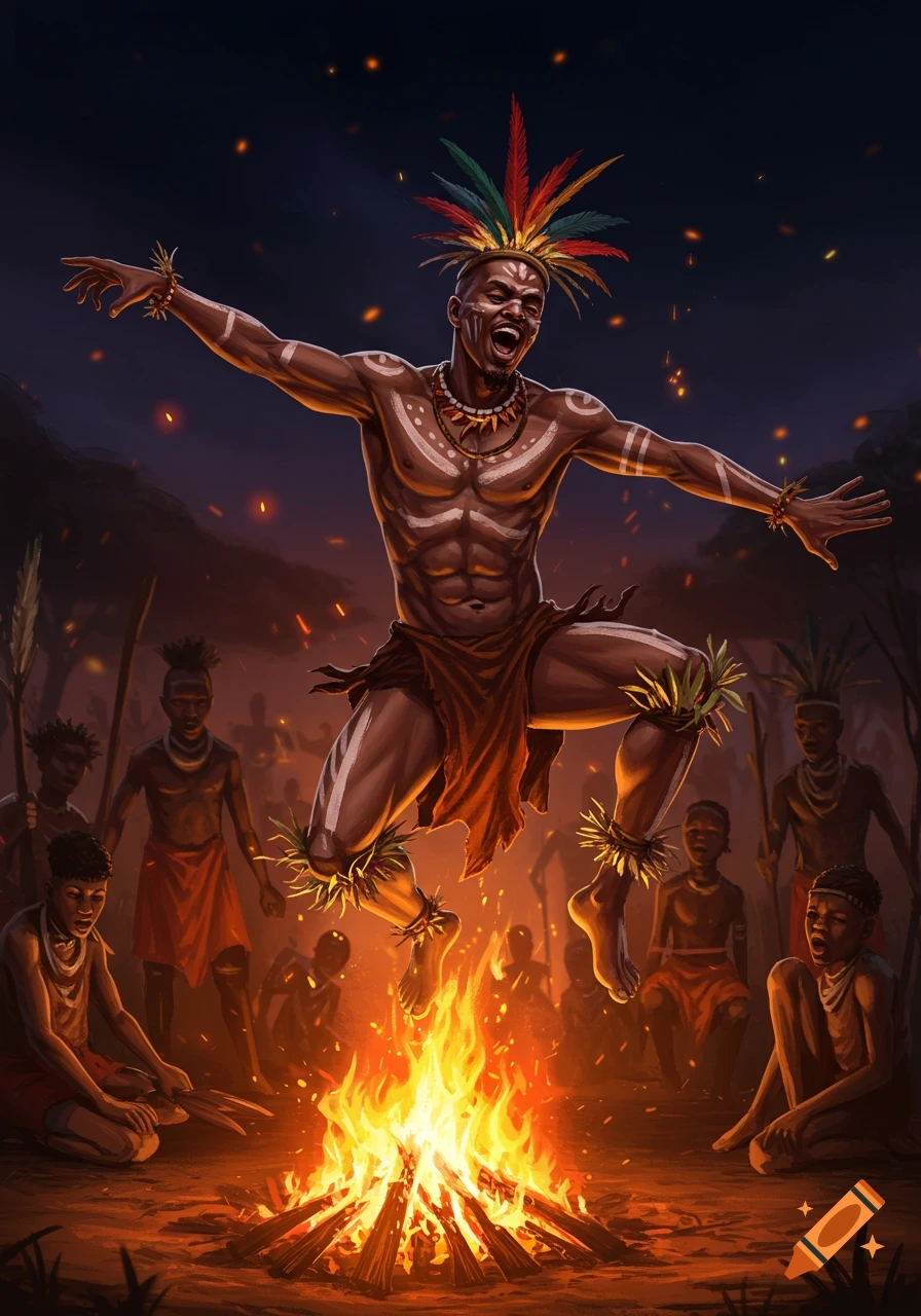 African tribal man dancing and jumping over a fire at night with a crowd watching.