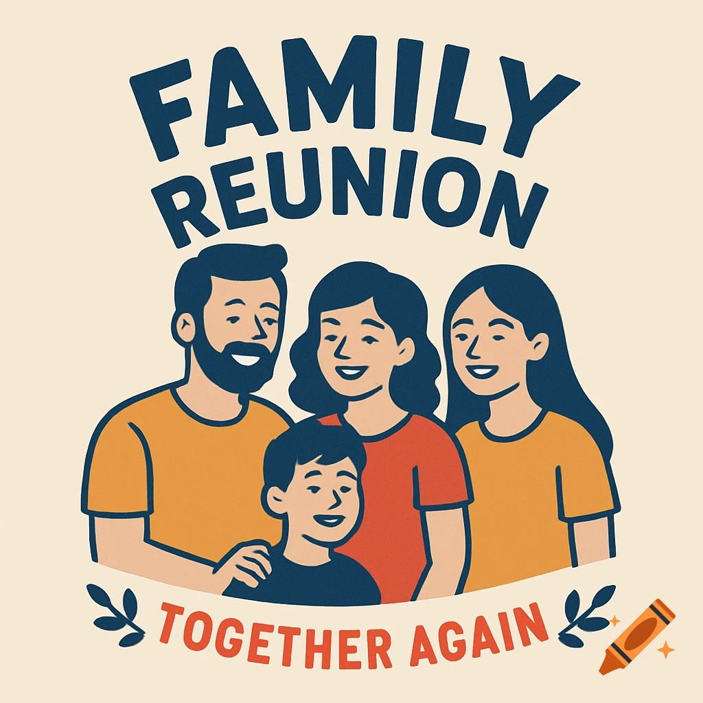 Vector graphic of a family with text 'Family Reunion Together Again'.