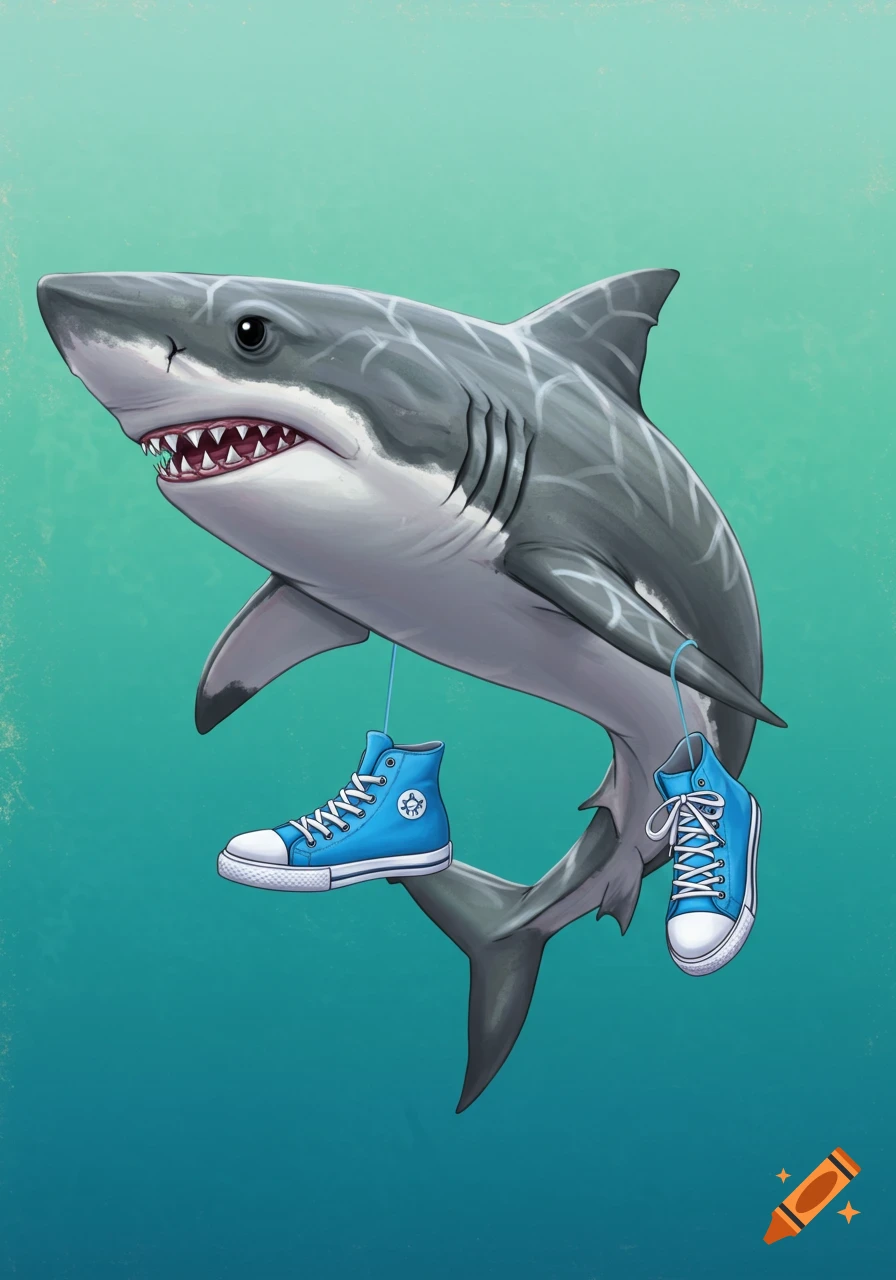 Illustration of a cartoon shark swimming underwater wearing blue high-top sneakers