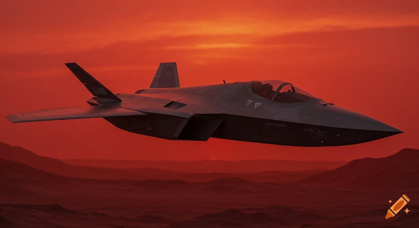 Futuristic stealth fighter jet flying over mountains at sunset.