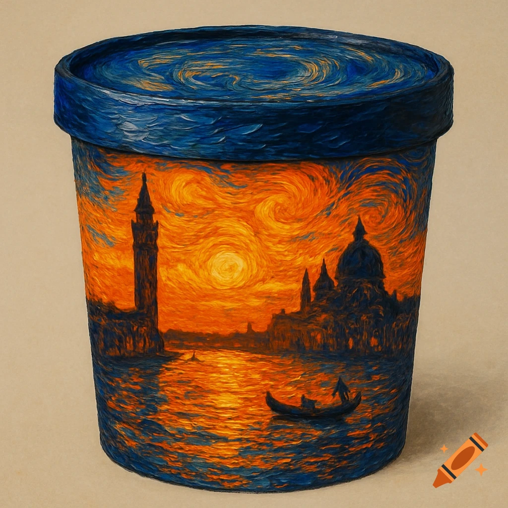 Ice cream tub painted with a Venetian sunset scene in a style similar to The Starry Night.