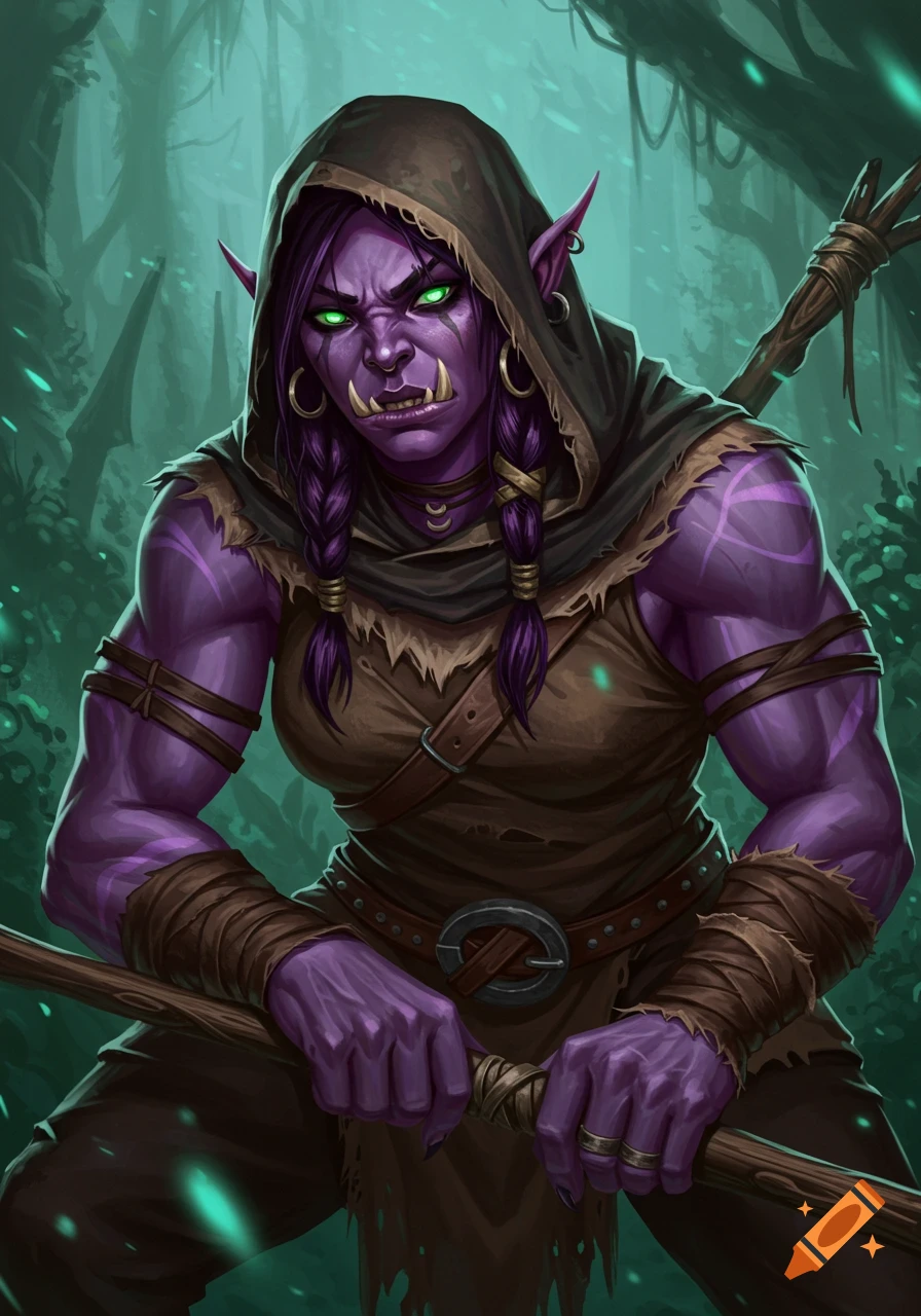 A muscular purple female orc in a hooded cloak stands in a forest, holding a staff.