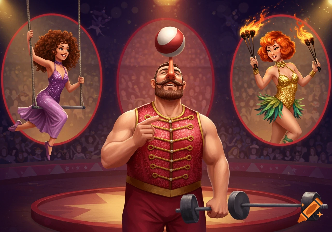 An illustration of a three-ring circus with a strongman balancing a ball on his nose, a trapezist on a swing, and a dancer with fire torches.