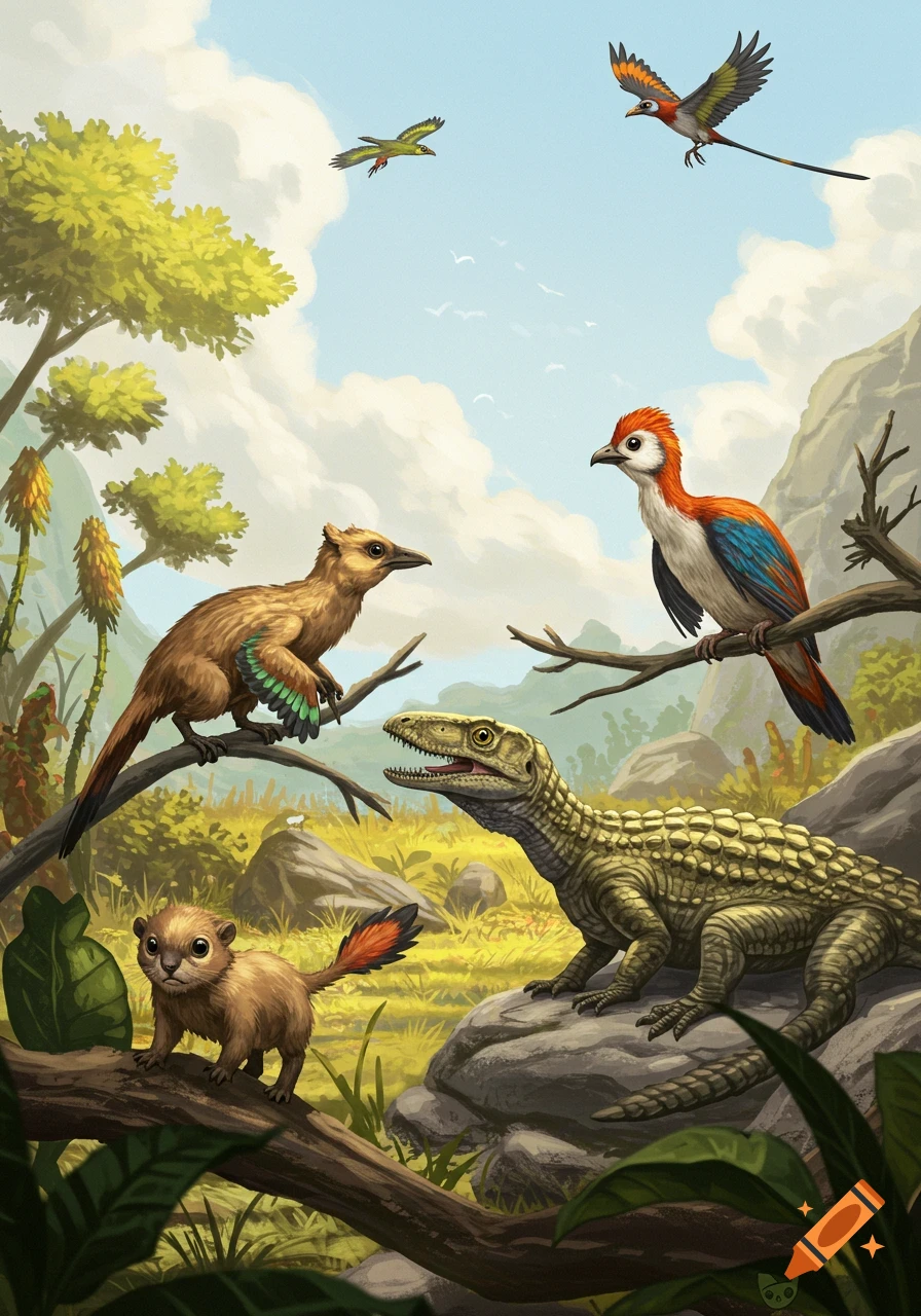 Colorful ancient animals including birds, a reptile, and a mammal-like creature in a prehistoric landscape.