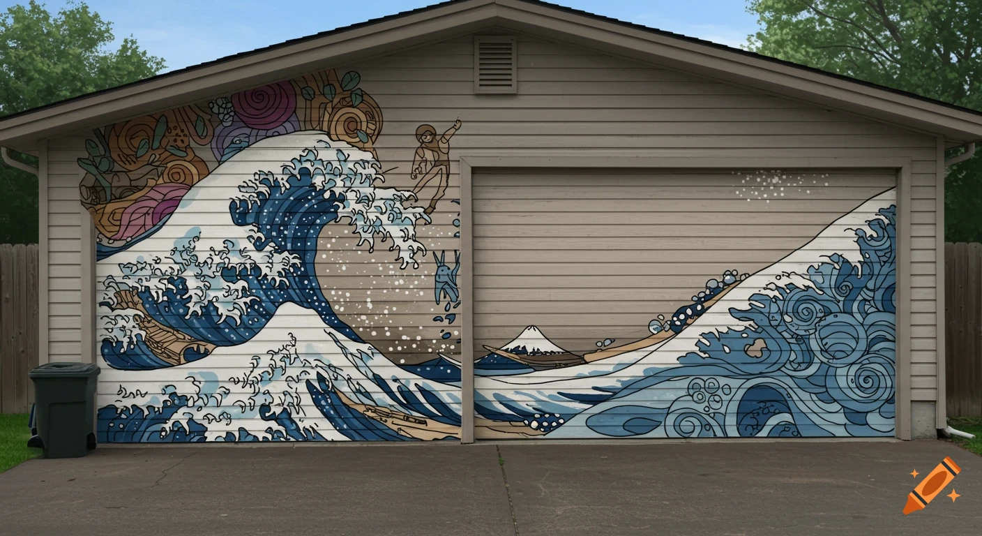 Mural on a garage door featuring The Great Wave style art with quirky doodles and a small human figure.
