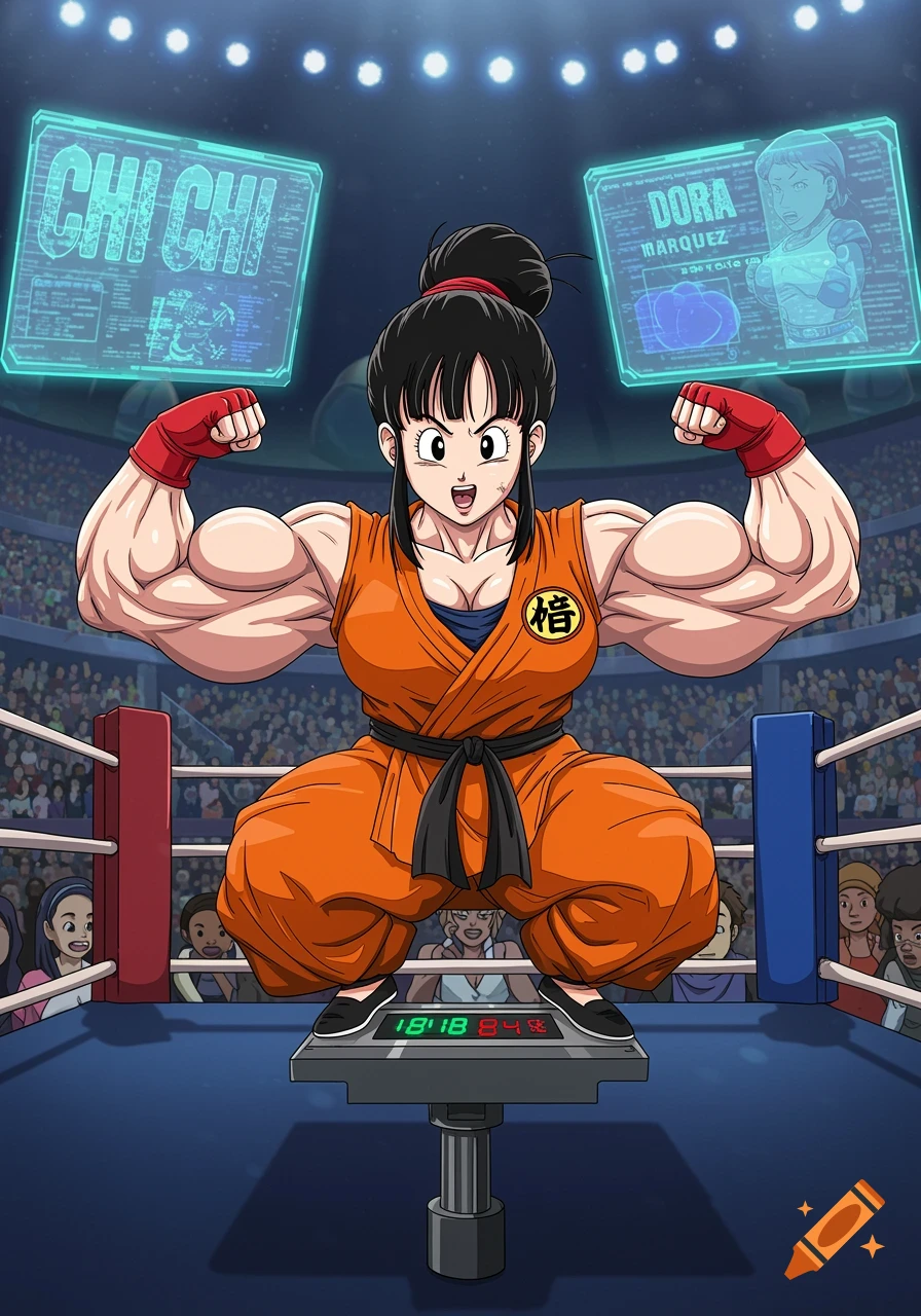 Muscular anime character Chi Chi flexing in a boxing ring, standing on a scale.