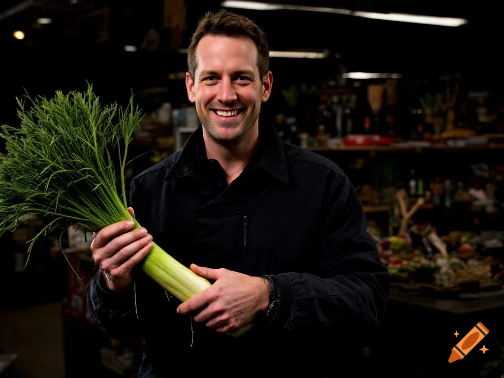 A man smiles while holding a large bunch of green vegetables.