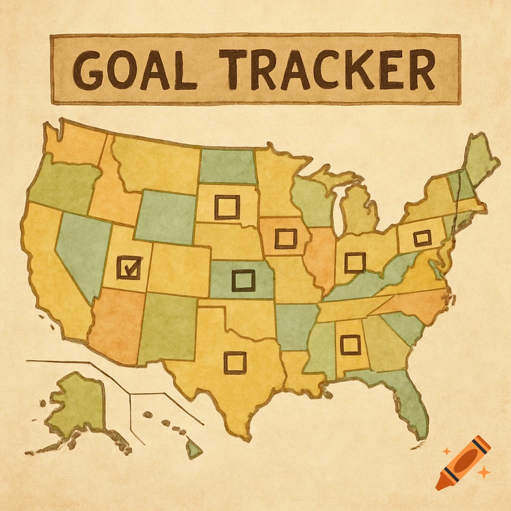 Hand-drawn map of the US with 'GOAL TRACKER' title and checkboxes on some states, in a watercolor style.