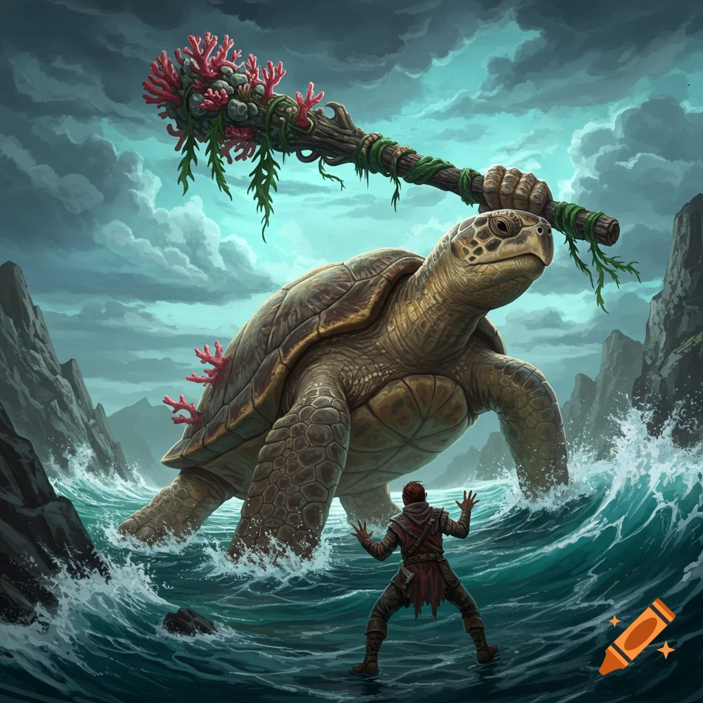 Giant turtle emerges from the sea, holding a coral-covered club over a human.