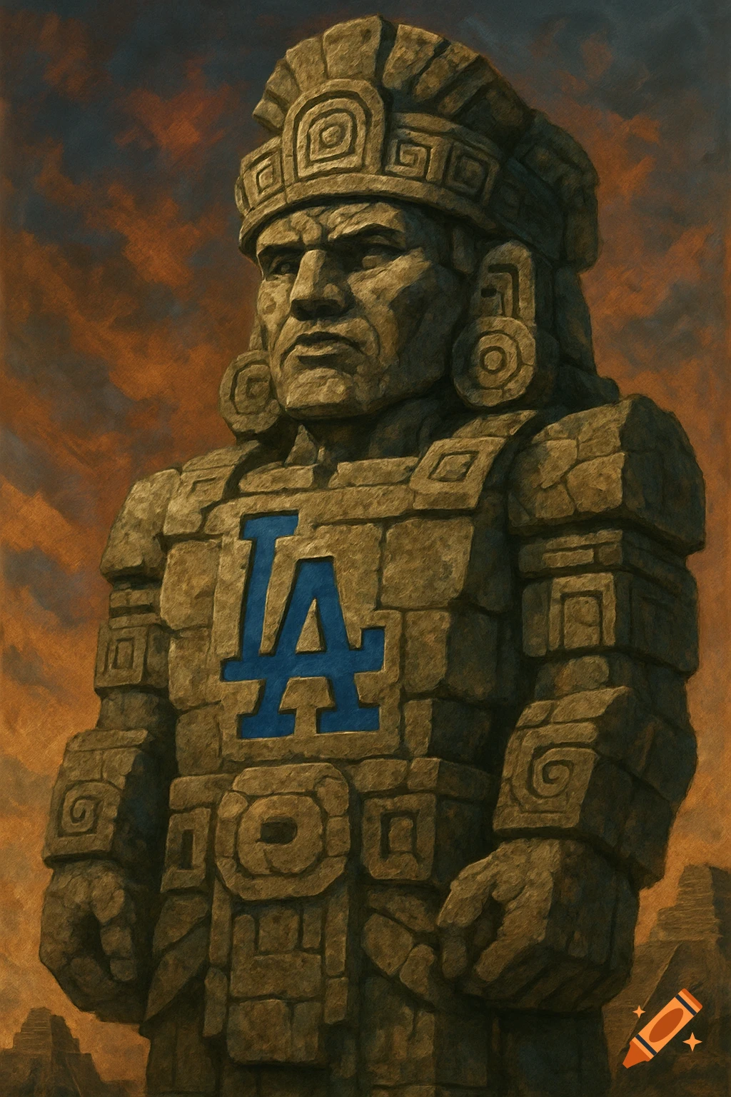 Painting of an Aztec-style stone statue wearing a blue LA Dodgers logo on its chest against a sunset sky with pyramids.