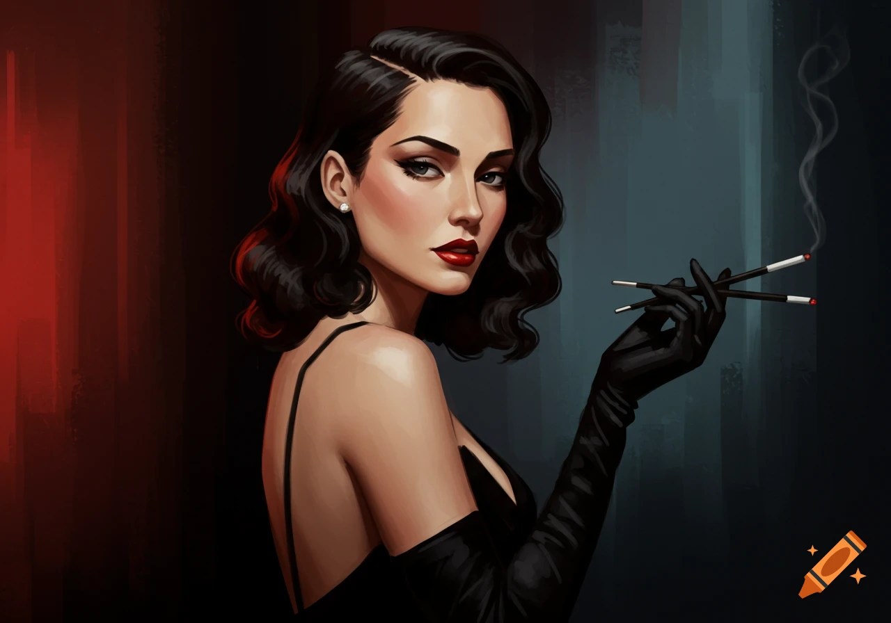 Illustration of a woman in film noir style holding a cigarette holder.