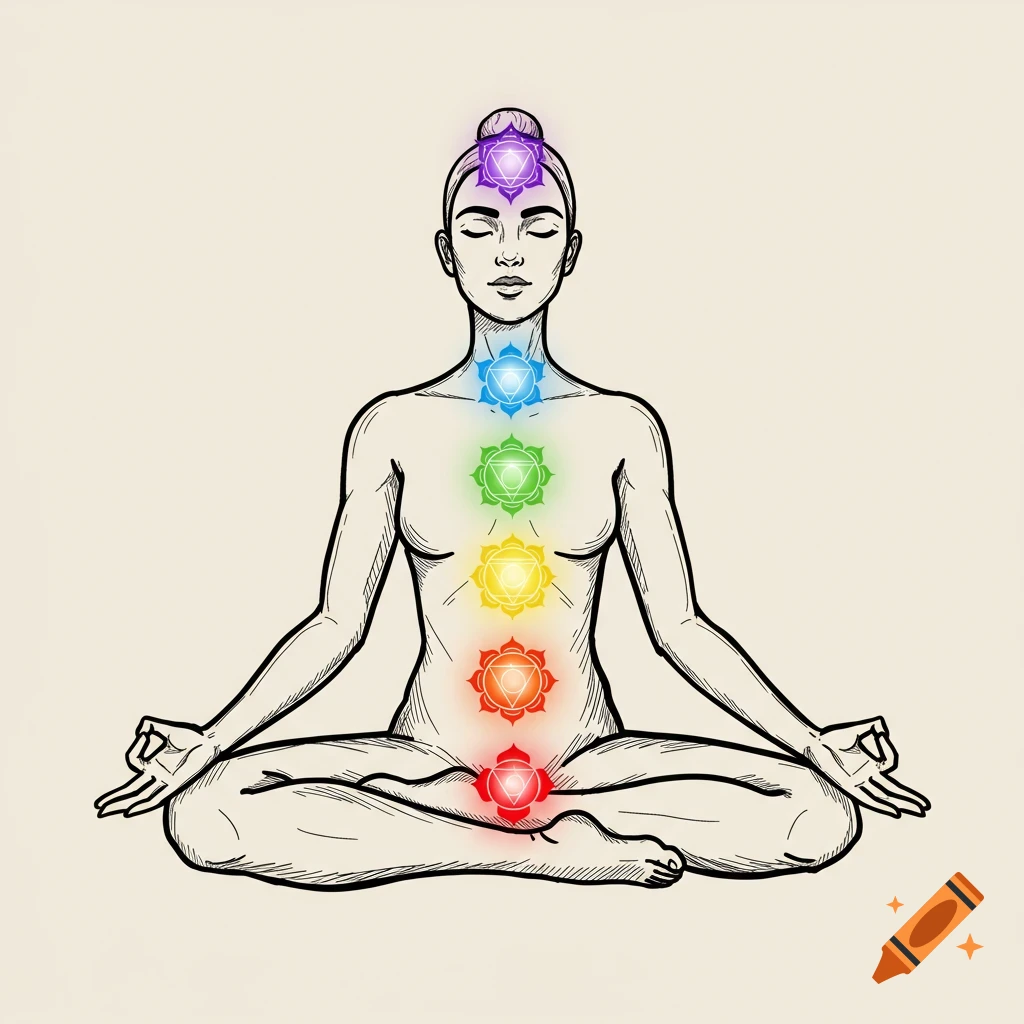 A sketch of a person meditating with colorful chakra symbols