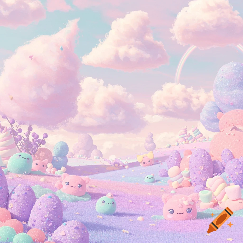 Pastel dreamlike landscape with fluffy, smiling creatures, candy trees, fluffy clouds, and a rainbow.
