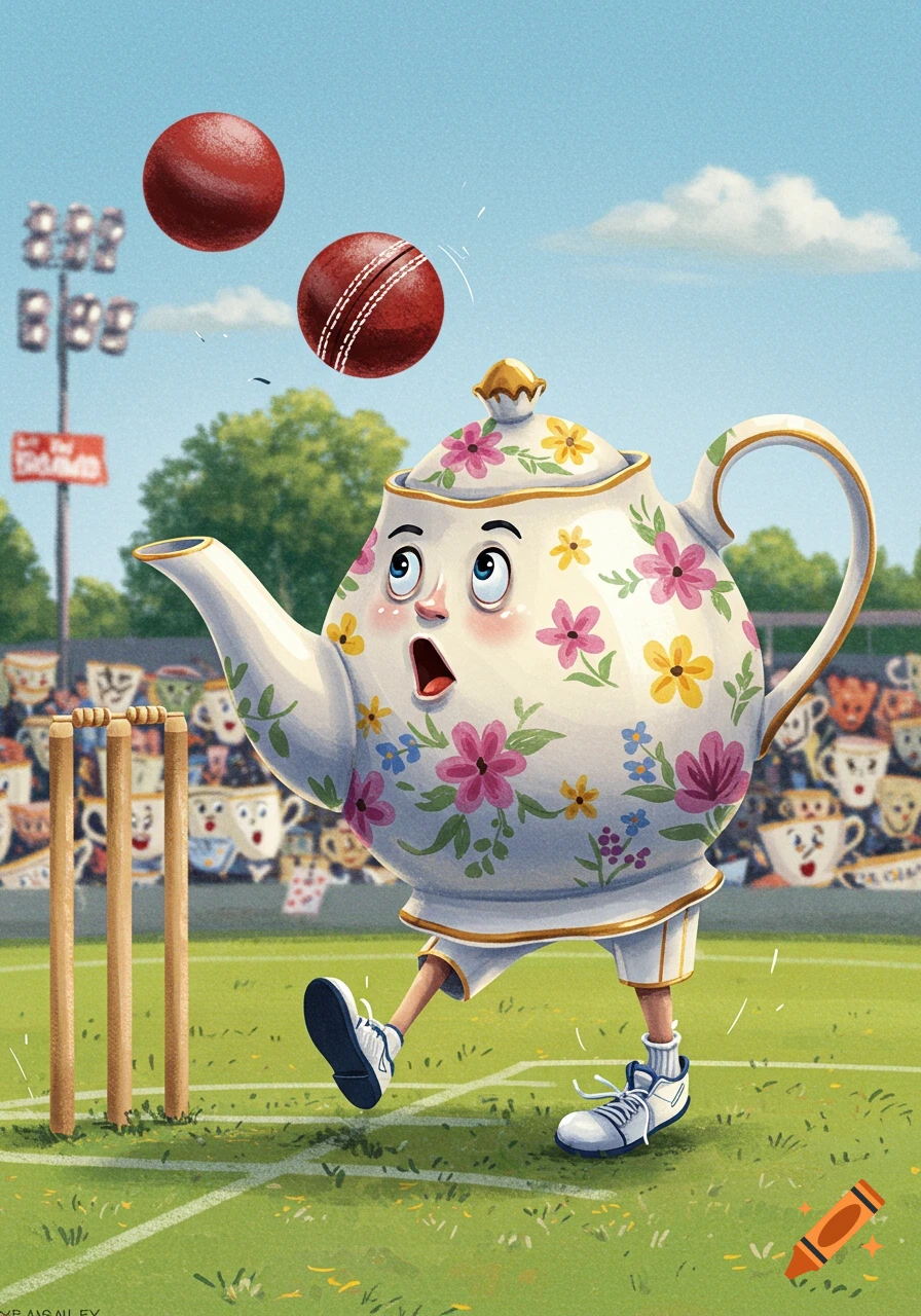 A cartoon teapot playing cricket, looking up at two balls, with teacups watching from the stands.