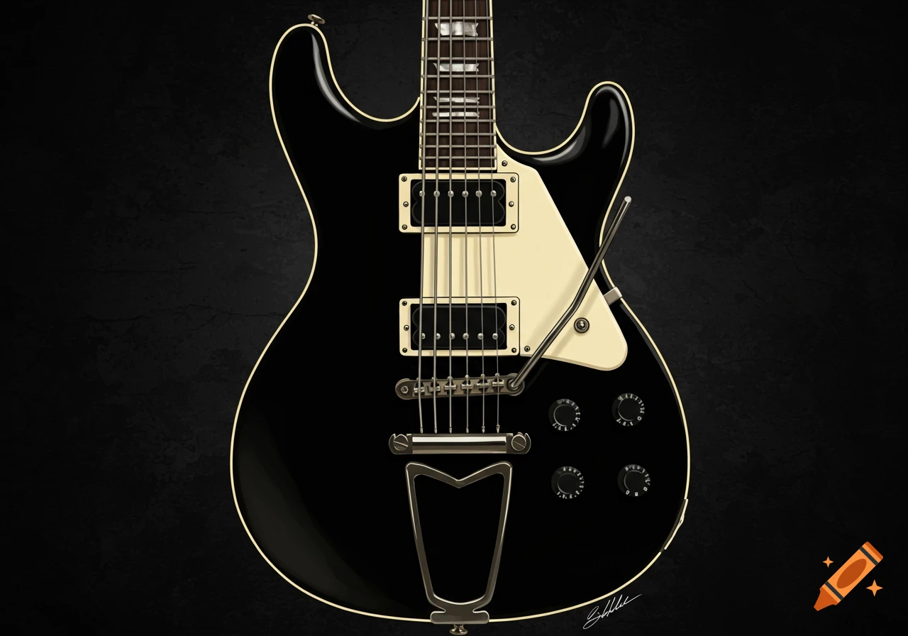 Close up of a black electric guitar with dual humbucker pickups and a tremolo arm.