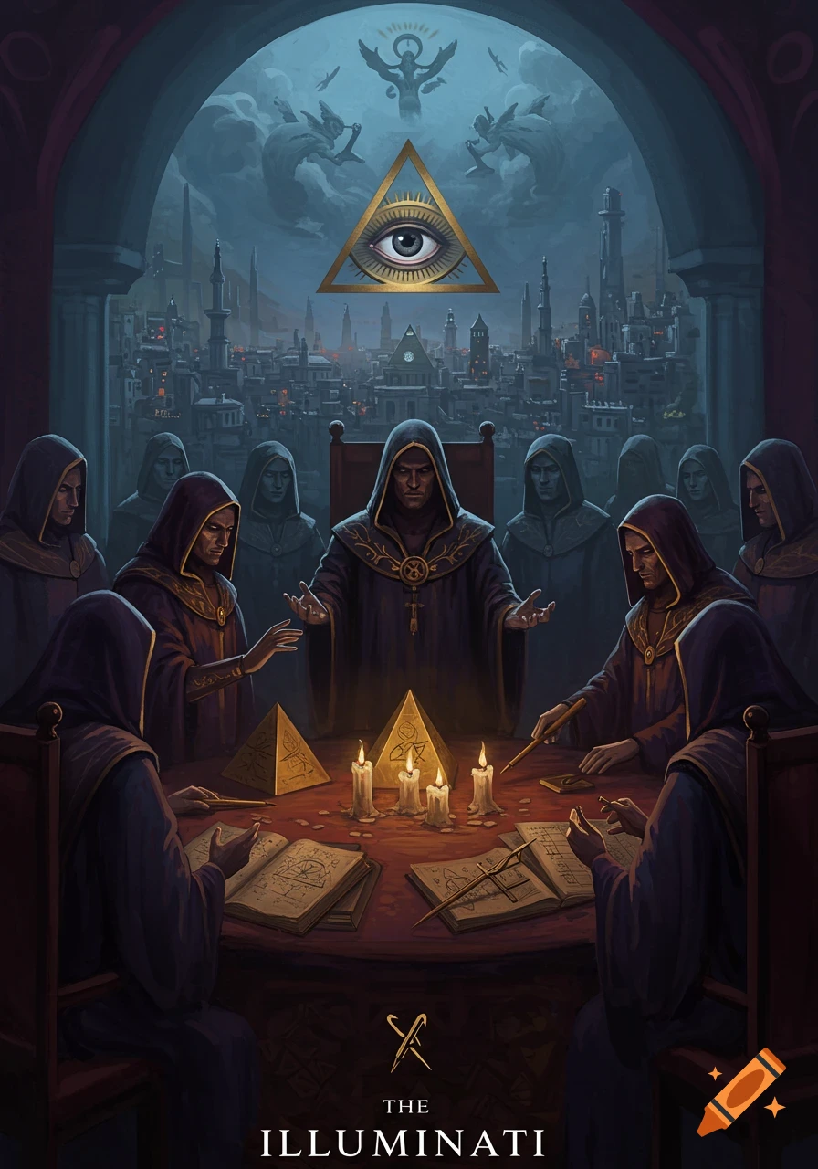 A group of robed figures meet around a table with candles, books, and pyramids, with the Eye of Providence symbol above a city in a fantasy style.