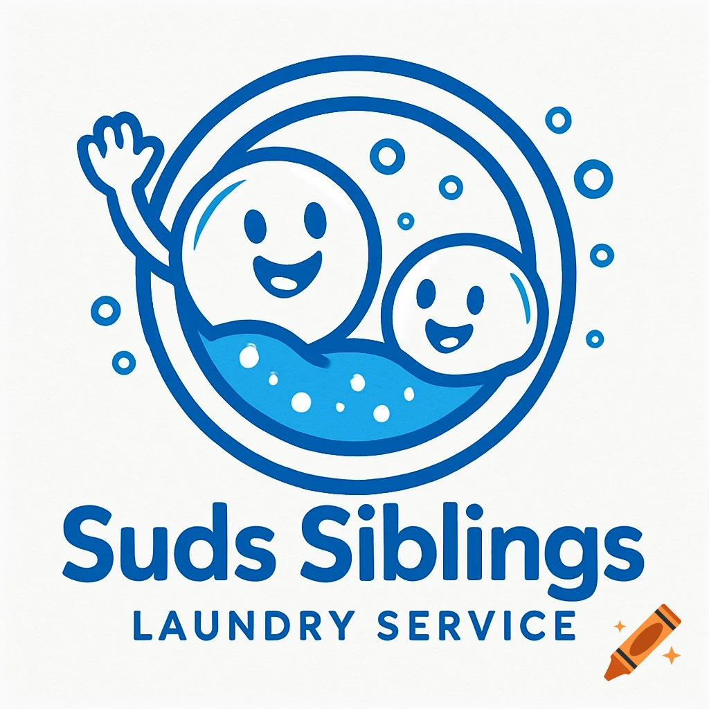 Blue and white logo with two smiling cartoon bubbles inside a circle, representing a washing machine. Text reads "Suds Siblings LAUNDRY SERVICE".