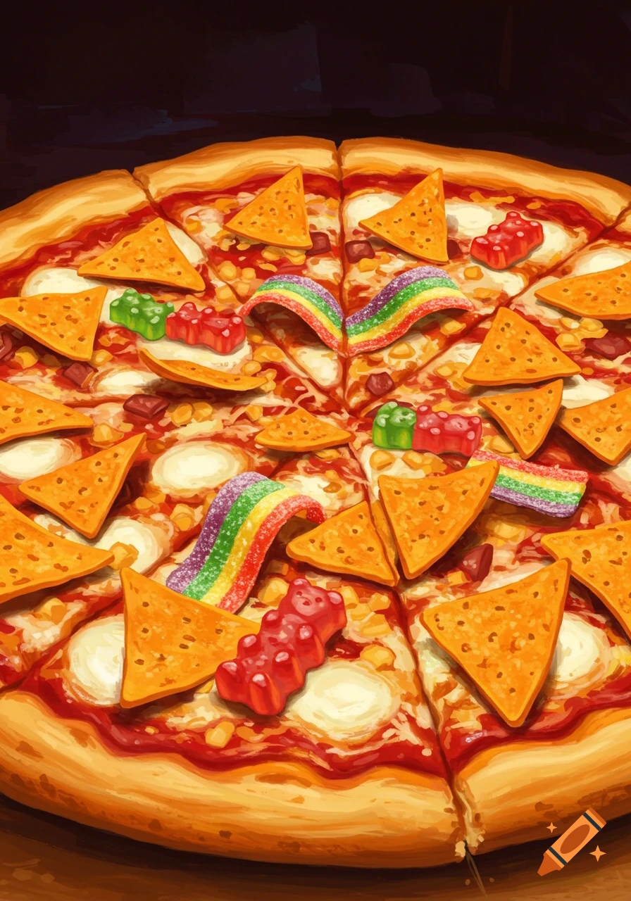 Close-up painterly image of a pizza topped with gummy bears, rainbow candy, and nacho chips.