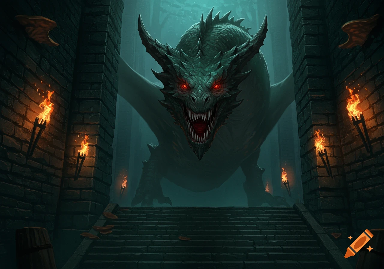 A menacing green dragon with red eyes looms over stone dungeon stairs lit by torches