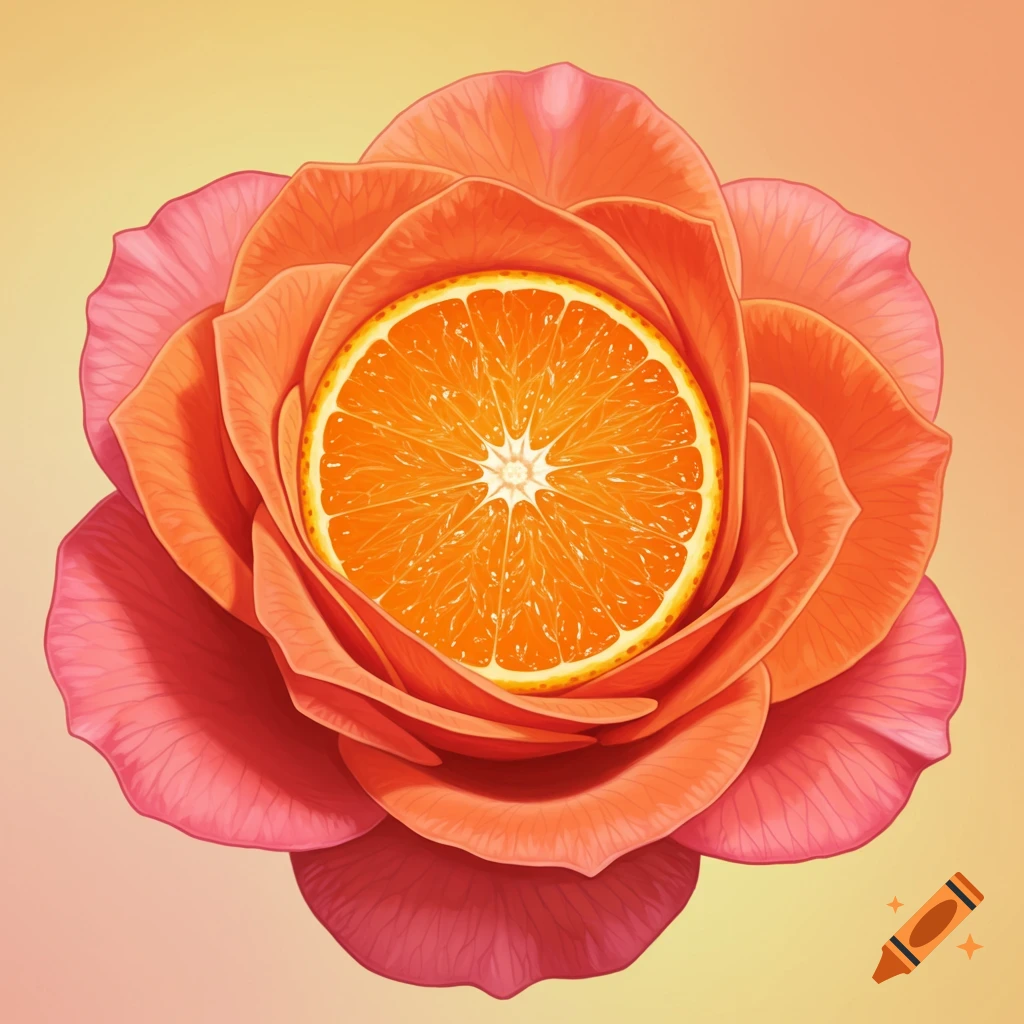 A slice of orange is centered within the petals of a rose.