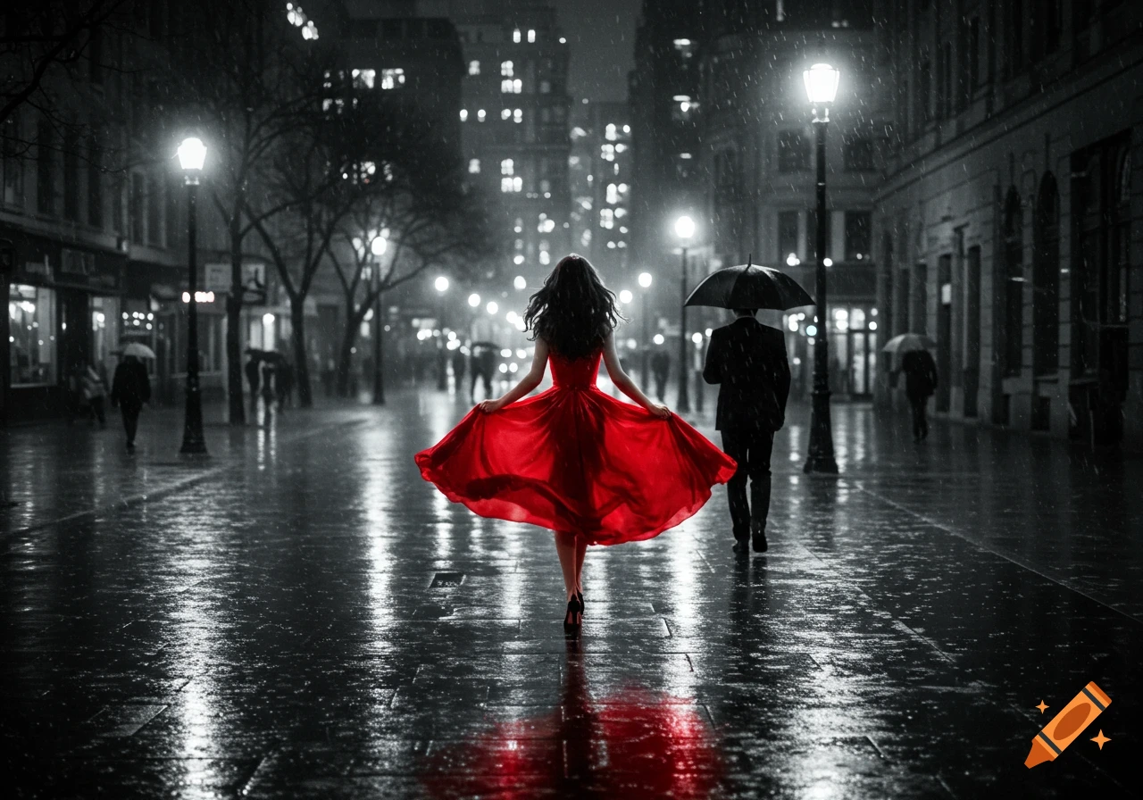 Woman in a vibrant red dress walks in a monochrome rainy city street at night with reflections.