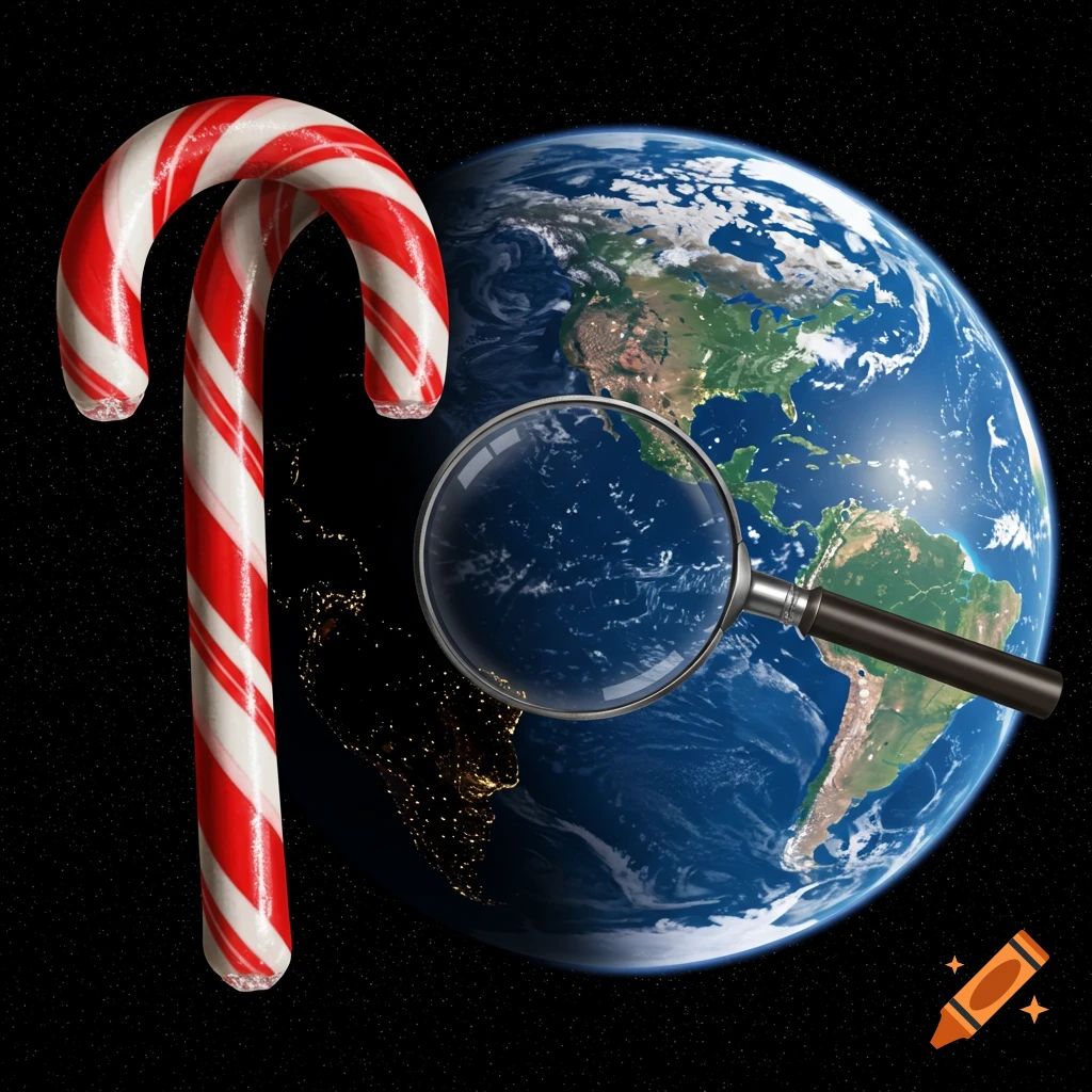 A red and white candy cane stands next to the Earth, with a magnifying glass focused on the Pacific Ocean.