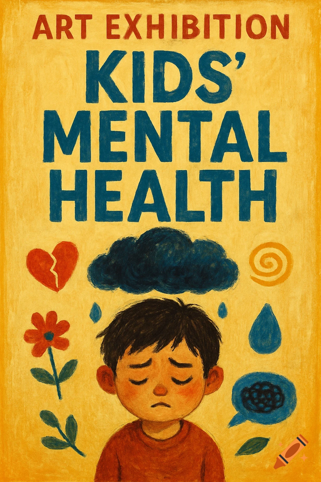 Poster for a kids' mental health art exhibition featuring a sad child and symbols of sadness, in a crayon drawing style.
