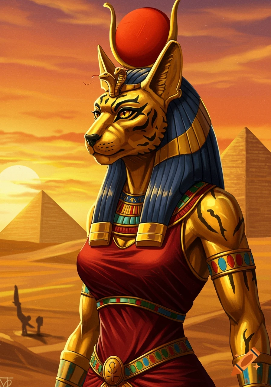 Illustration of Egyptian goddess Sekhmet with a cat head in the desert at sunset.