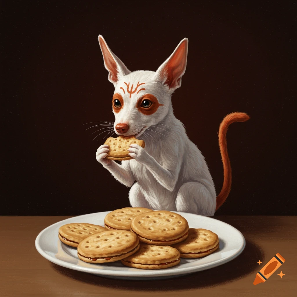 Oil painting of a white fantasy creature with red markings eating a cookie from a plate.