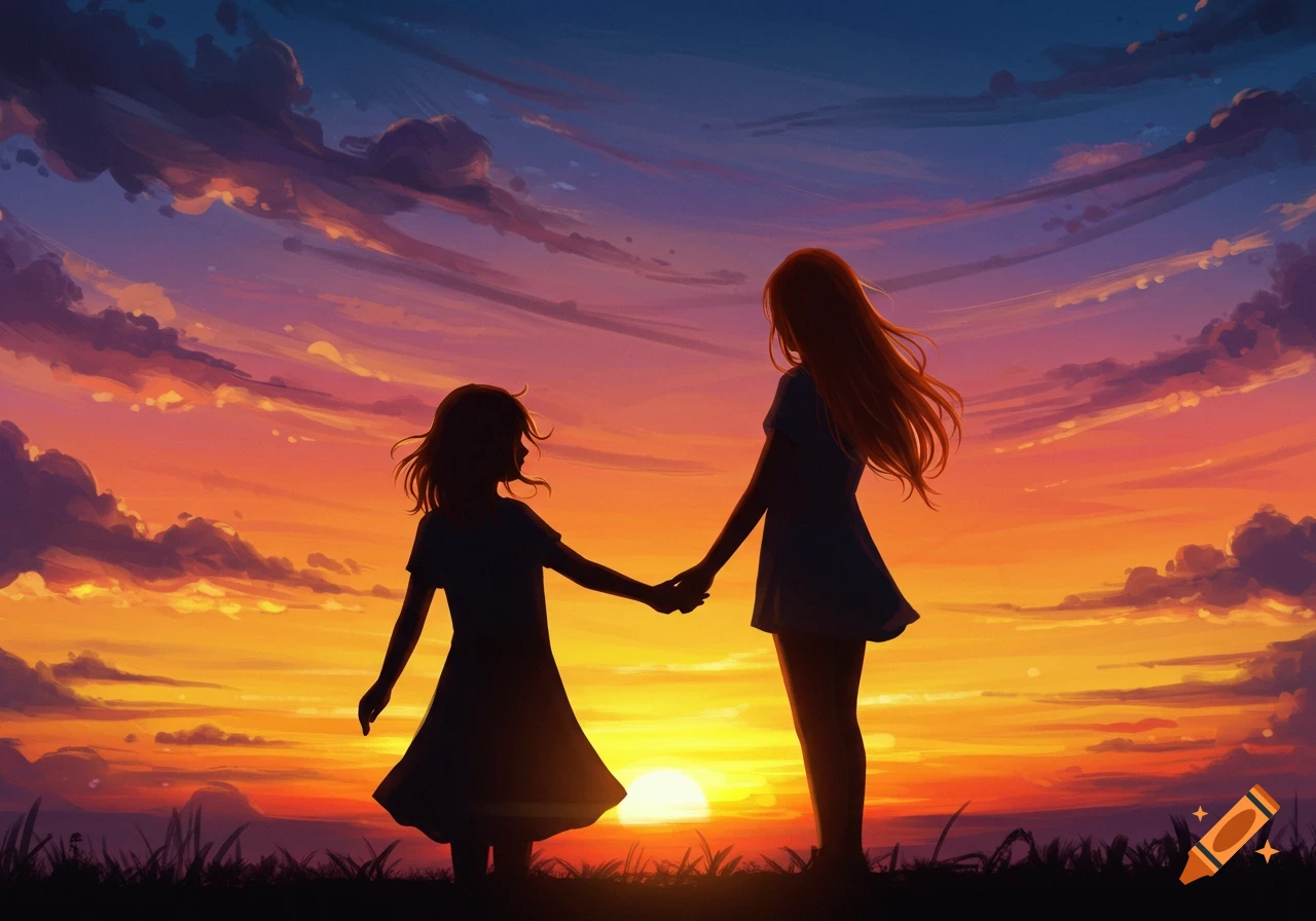 Silhouettes of two figures holding hands against a vibrant orange and purple sunset sky, anime style.