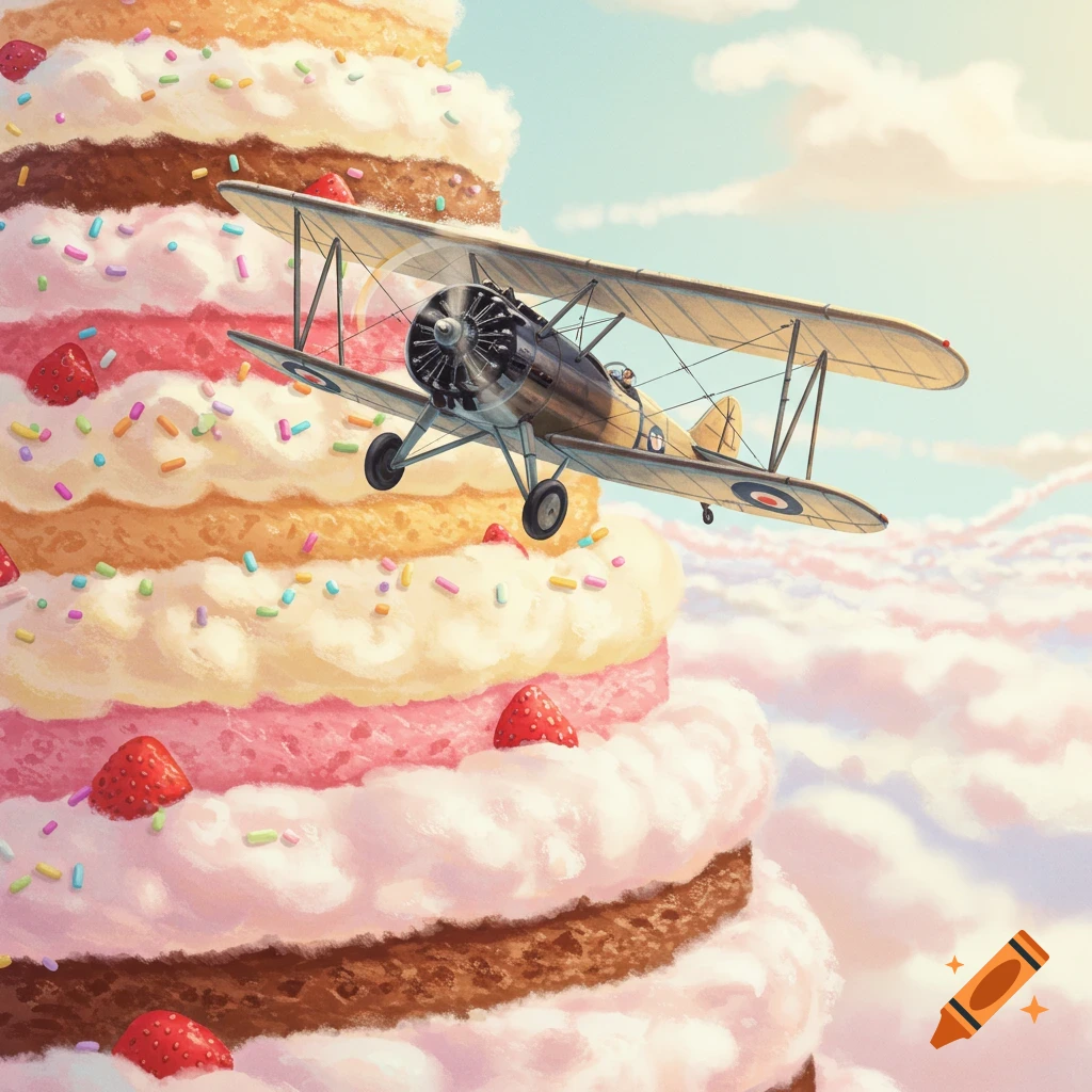 An old biplane flies next to a giant layered cake decorated with sprinkles and strawberries.