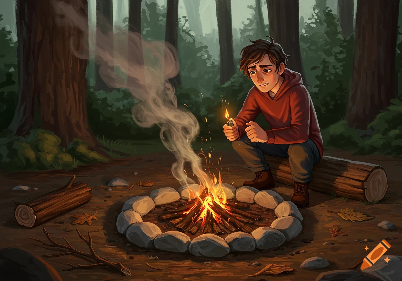 Illustration of a person trying to light a campfire in a forest.