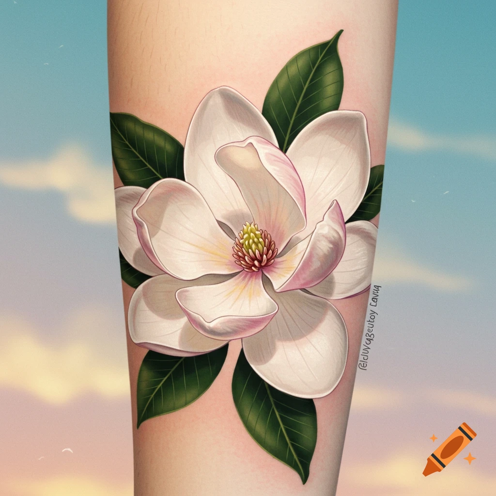 Illustrated magnolia flower tattoo on skin