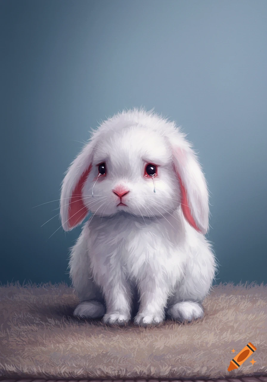 A sad white bunny with tears in its eyes sits on a brown textured ...