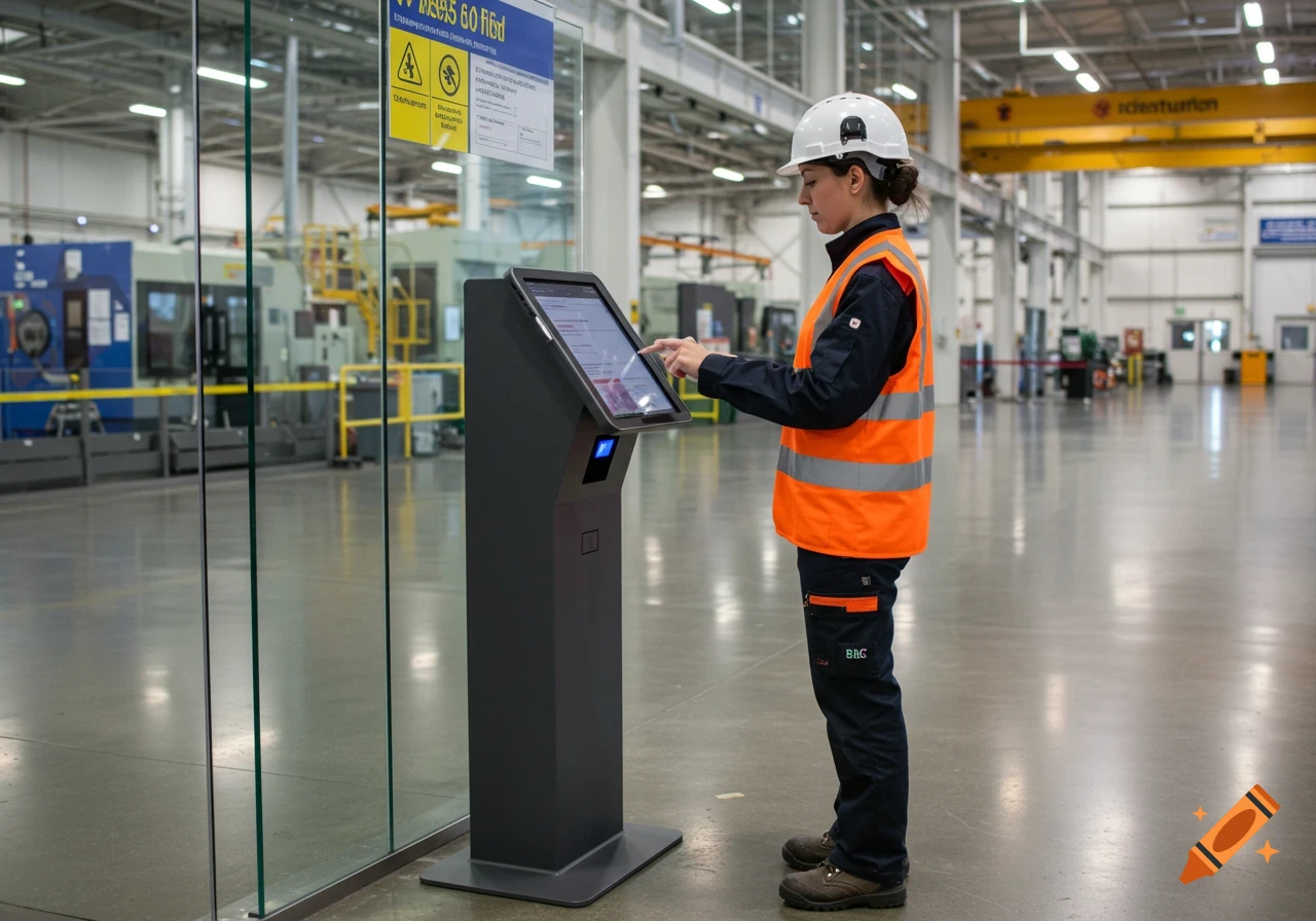 A woman in construction safety gear uses a digital check-in kiosk in the lobby of a manufacturing facility.