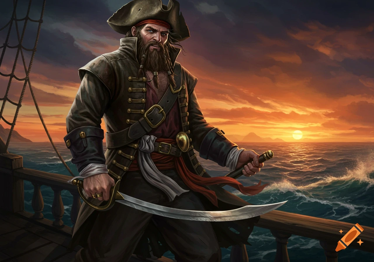 A fearsome pirate stands on a ship deck holding a cutlass at sunset