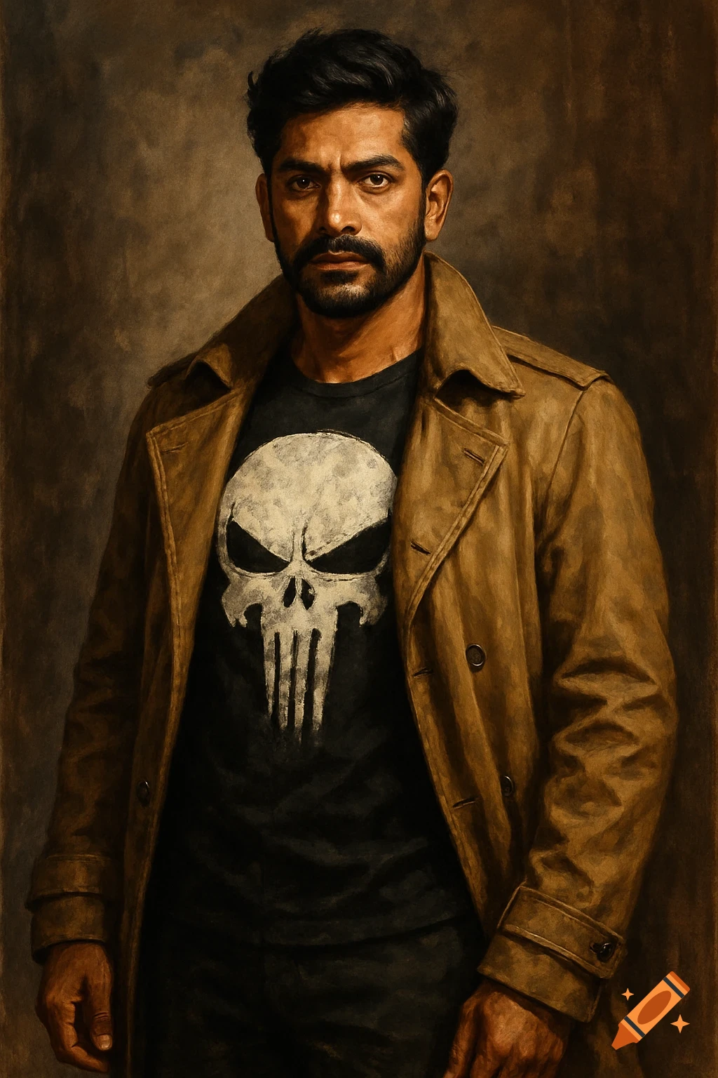 Portrait of an Indian man in a trench coat and Punisher t-shirt