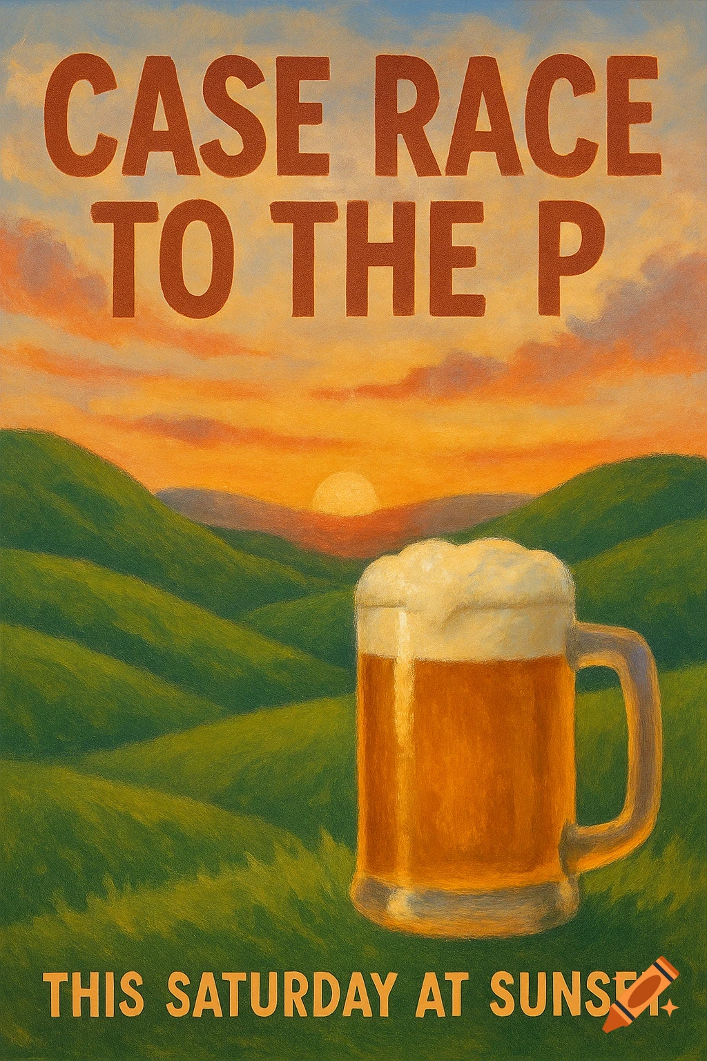 Painting of a beer glass in a hilly landscape at sunset with promotional text for a 'Case Race'.