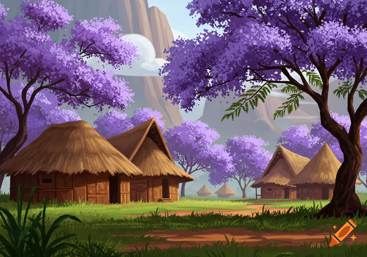 Illustration of thatched-roof huts among purple jacaranda trees in a mountainous landscape.