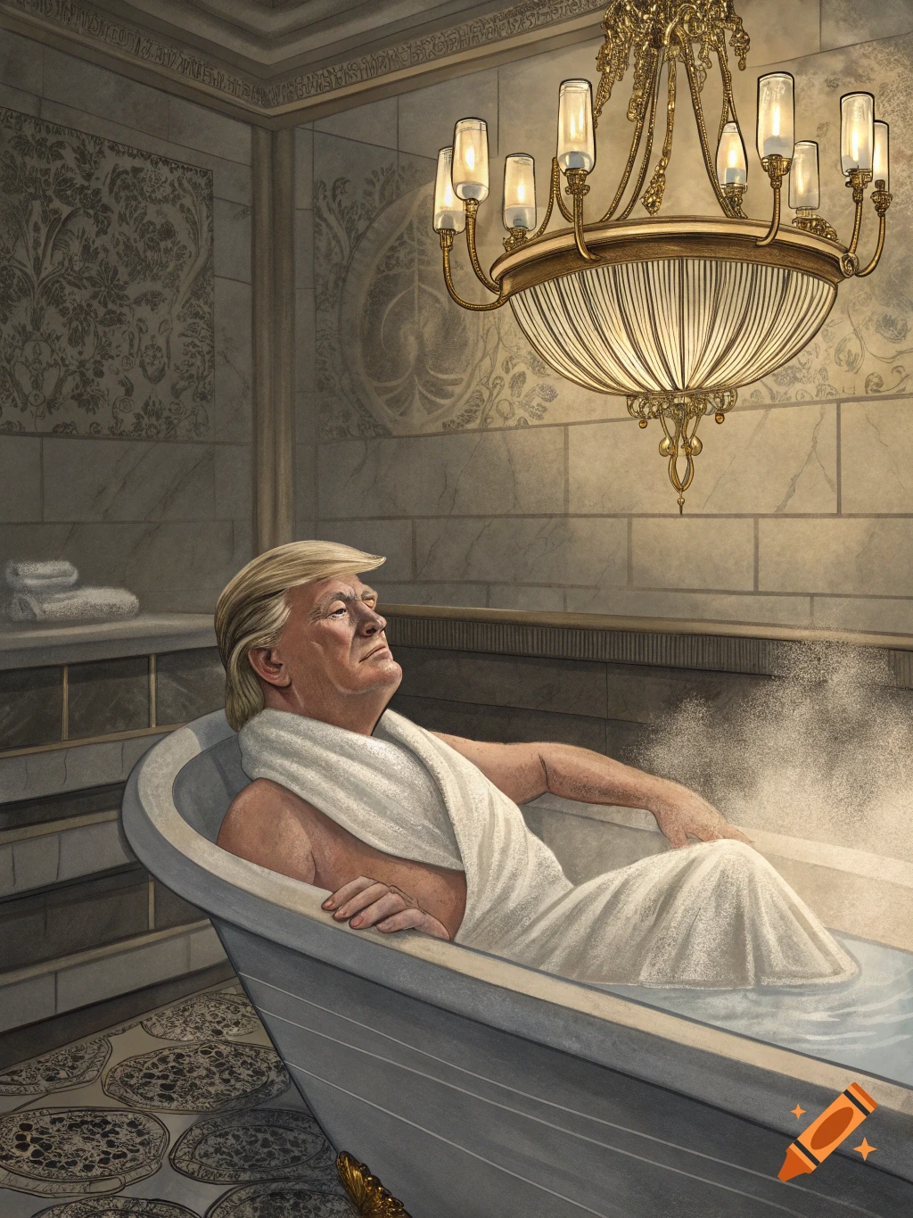 Illustration of President Trump relaxing in a luxurious bathtub, wrapped in a towel.