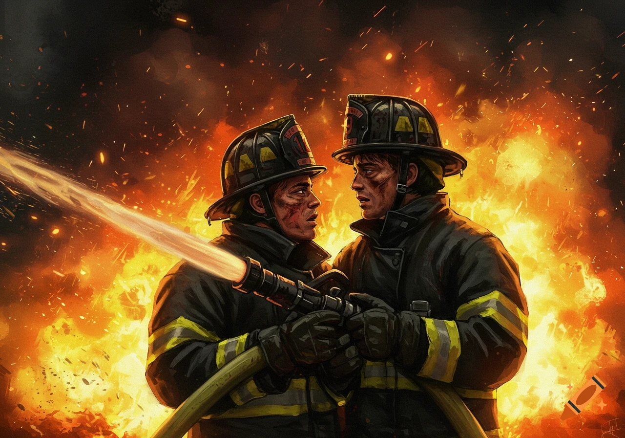 Two firefighters hold a hose while looking at each other in front of a large fire, painted style.