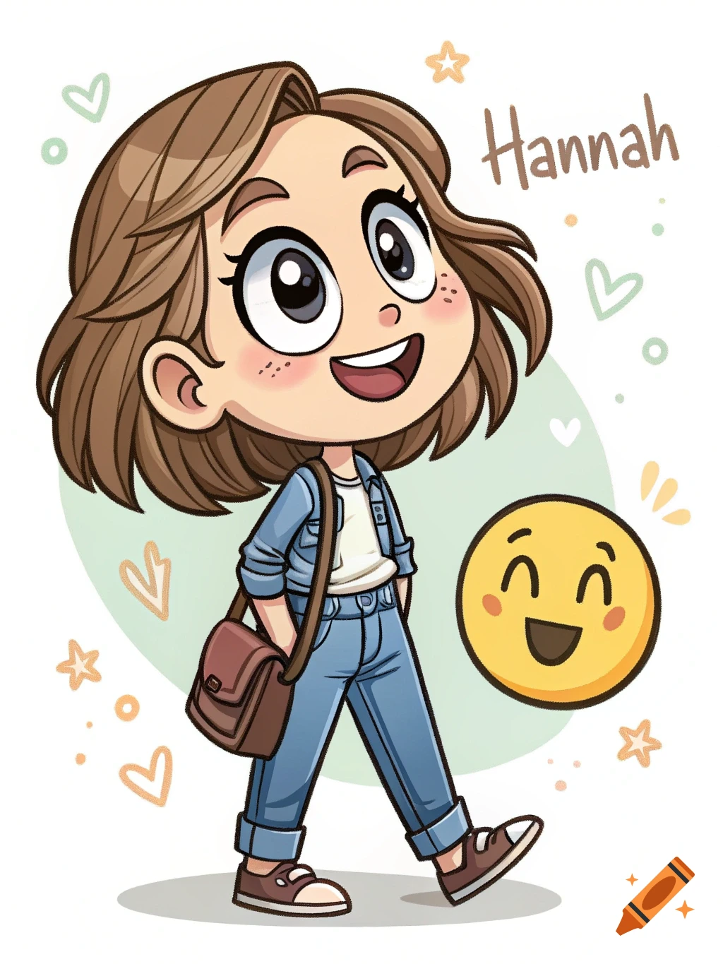 Cartoon illustration of a cheerful girl named Hannah walking with a messenger bag, with a smiling emoji.