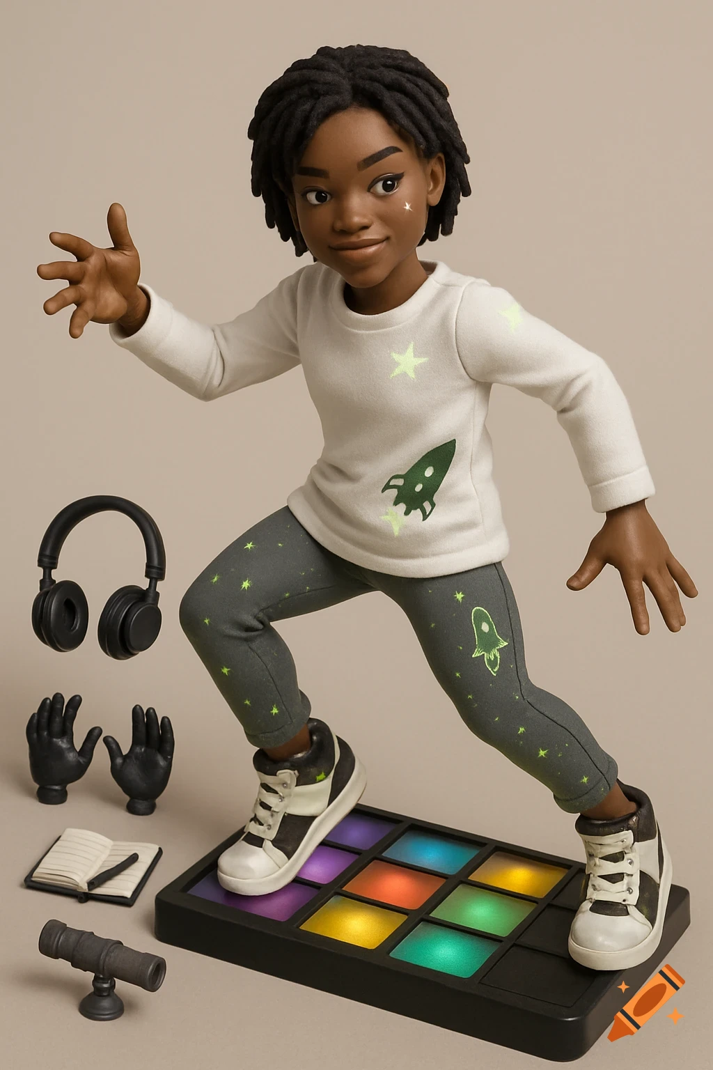Stylized action figure of a young person with dreadlocks dancing on a light-up pad, wearing space-themed clothing, with accessories.