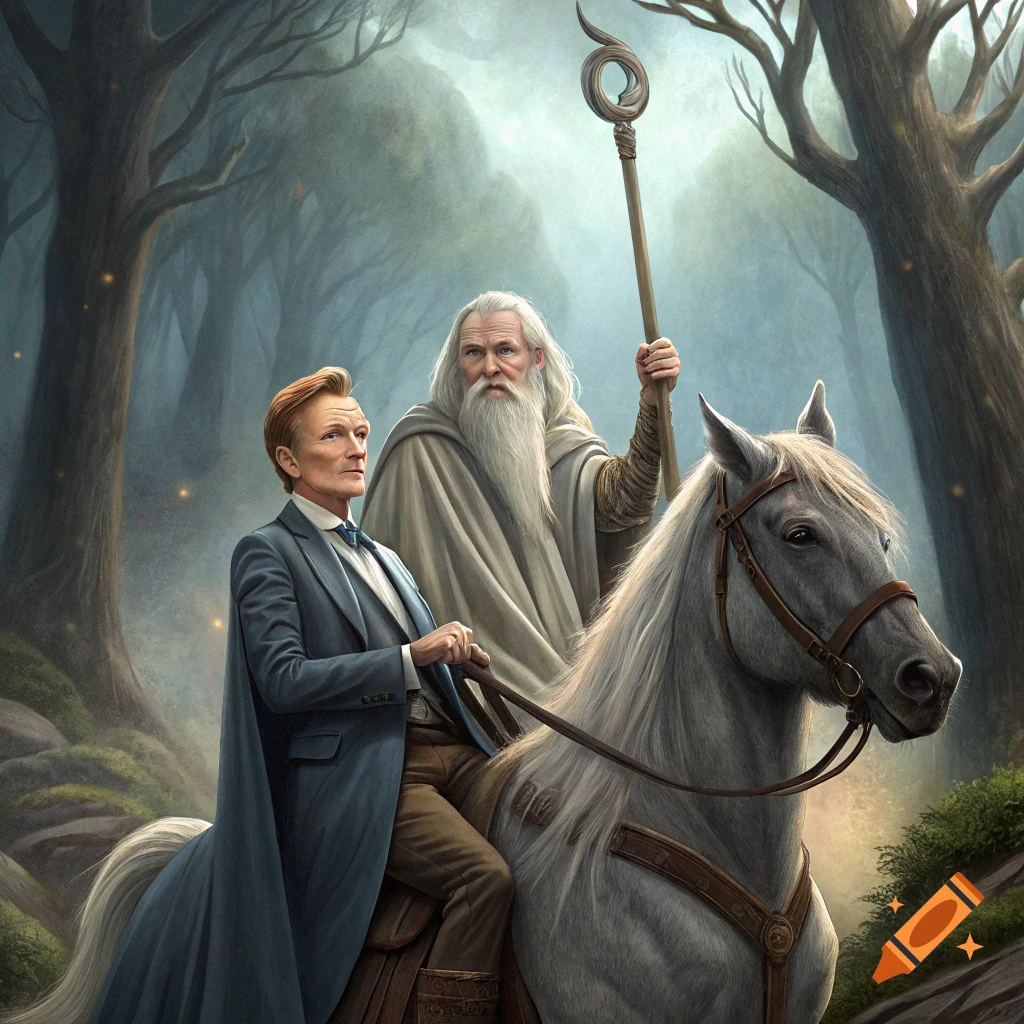 Conan O'Brien and a wizard riding a white horse through a misty fantasy forest.
