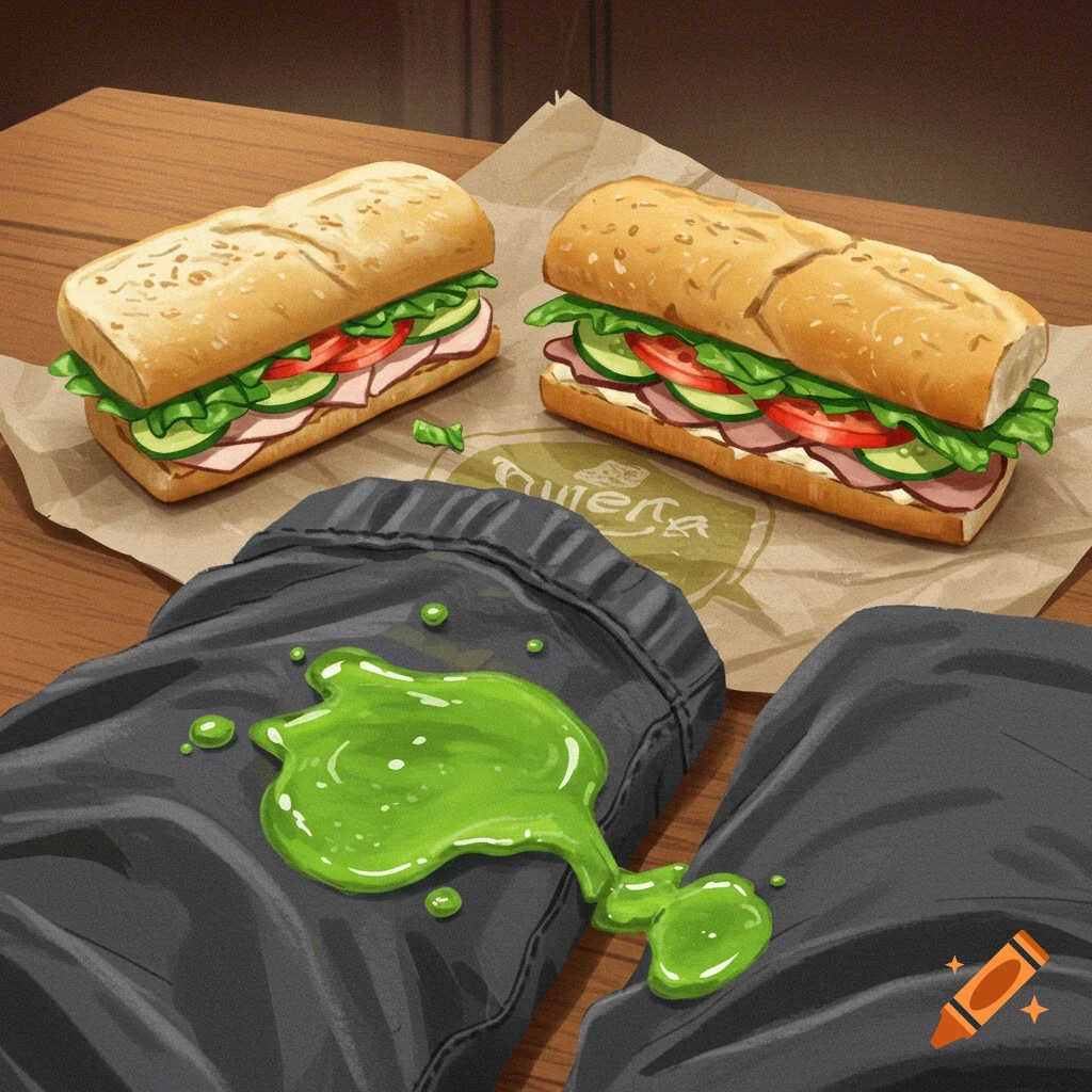 Two sandwiches on paper with green liquid spilled on dark pants in the foreground.