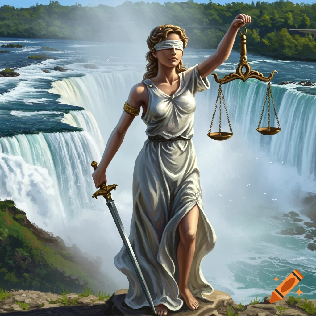 Lady Justice stands blindfolded with scales and sword before a large waterfall.