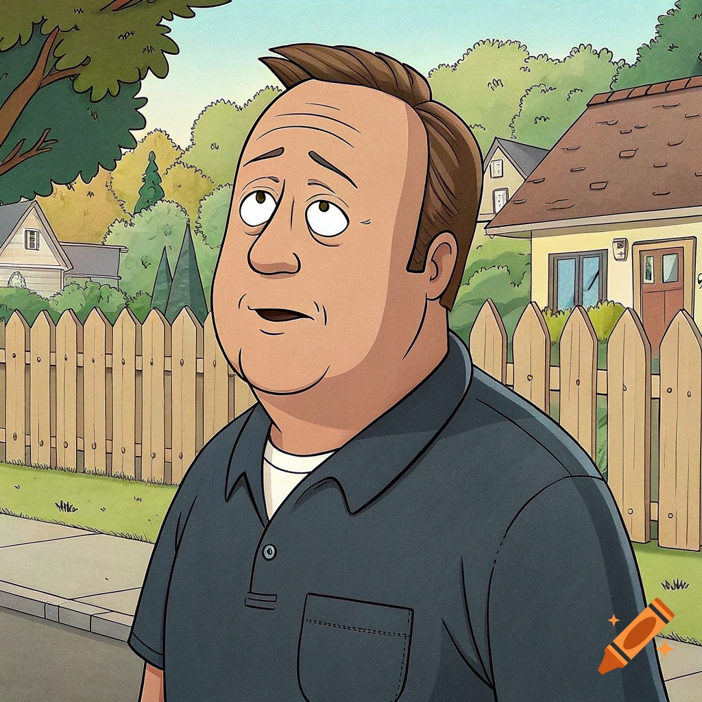 Cartoon man in blue polo shirt in King of the Hill style suburban setting